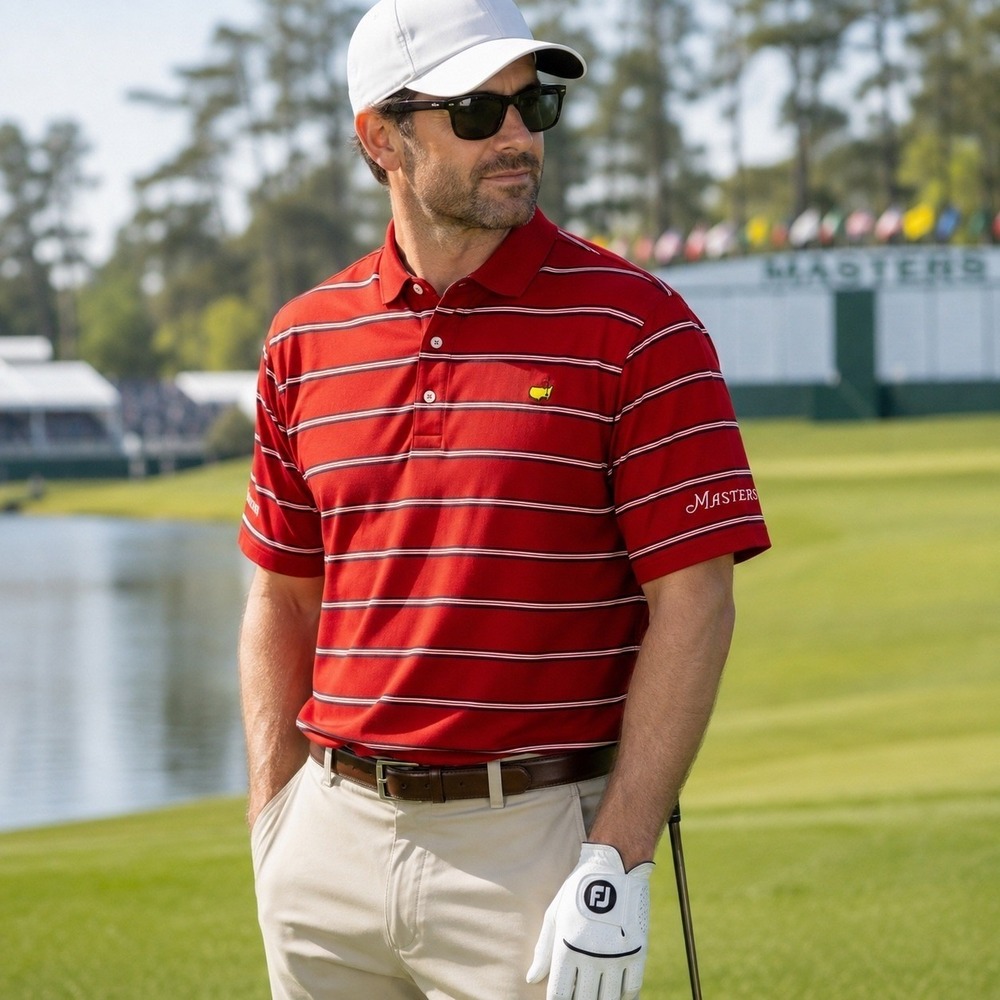 Masters Collection Golf Polo Mens XL Red Stripe Y2K Pima Cotton Augusta Logo